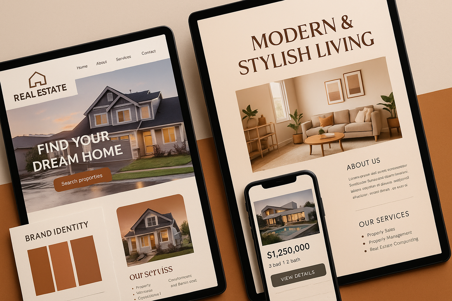 Modern real estate website design featuring property listings, search functionality, and user-friendly navigation