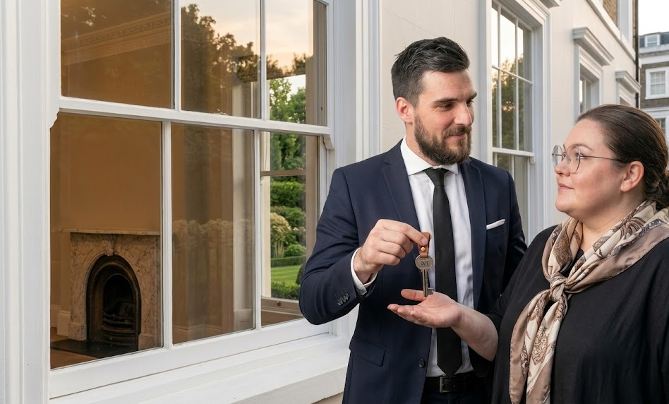 Real estate agent handing over house keys to a new homeowner outside a white-panelled house